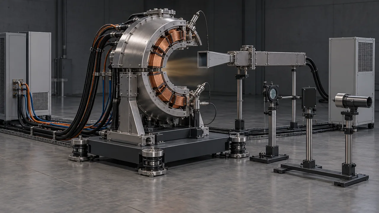 Rendering of an open annular sector test apparatus with segmented copper-wound magnetic hardware, a separate microwave horn, a force platform and optical diagnostics in a laboratory