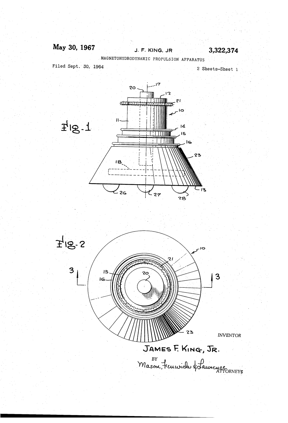 US Patent 3,322,374 drawing sheet 1: side elevation of James F. King Jr.'s magnetohydrodynamic propulsion apparatus with stacked driving rings, ionizer ring and conical skirt, and a top view