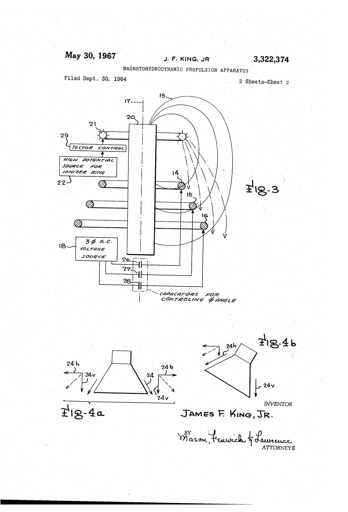 US 3,322,374 drawing sheet 2: skeleton diagram of traveling magnetic field lines from the driving rings, and force-vector diagrams at vertical and tilted attitudes
