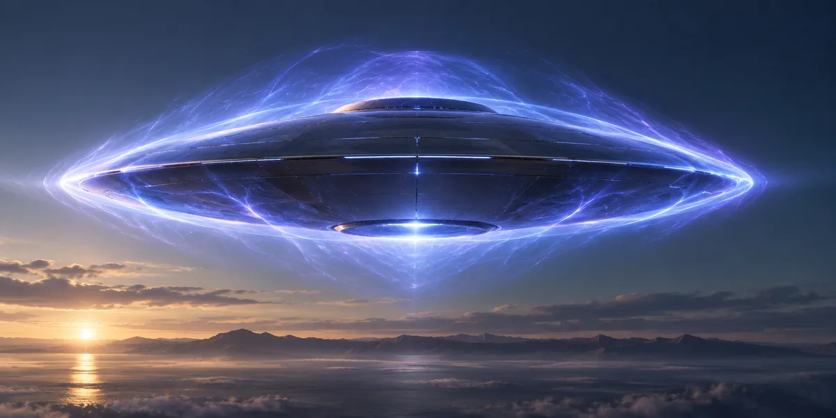 XR-1 concept rendering: a dark metallic lenticular disc above a cloud deck at dusk, wrapped in a thin blue-violet plasma interaction layer that follows the hull and closes beneath the lower annulus.